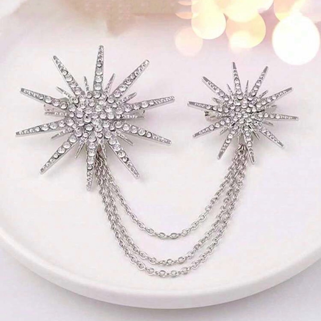 Nwt Elegant Silver Starburst Chain Brooch Eight-Pointed Star Shape Diamond